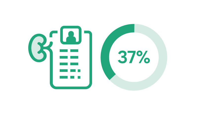 Icon of a clipboard with a kidney-shaped element on the left, next to a circular progress chart outlined in green and light green according to the percentage, showing “37%” at the center.