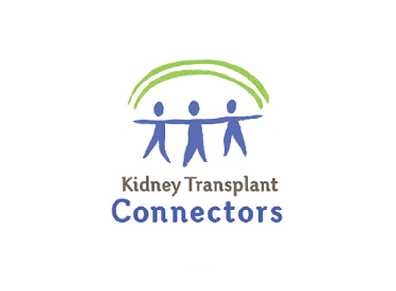 Logo for Kidney Transplant Connectors. A graphic of three blue human figures under green arches is shown above the words "Kidney Transplant Connectors" in blue and gray text.