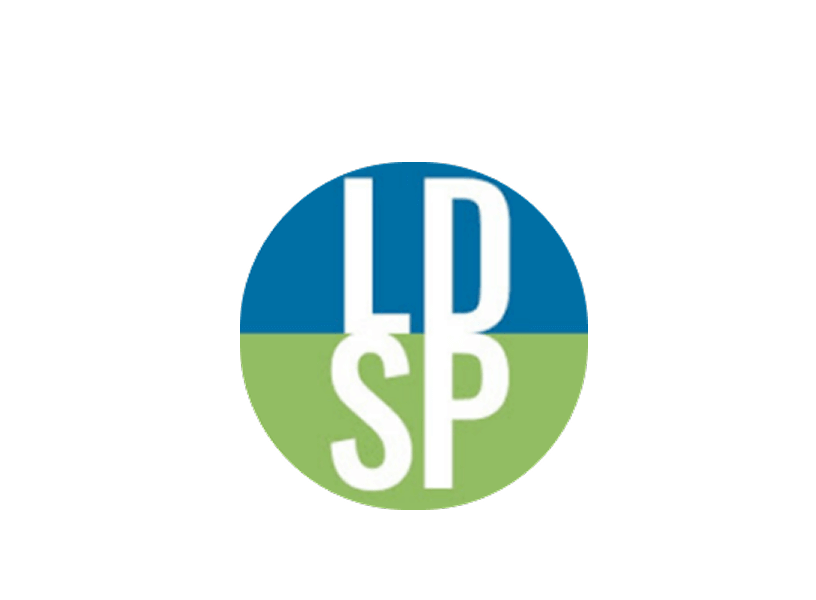 Logo for LDSP. A circular logo is split horizontally, with a blue top half and a light green bottom half, with the white letters LDSP centered over the two colors.