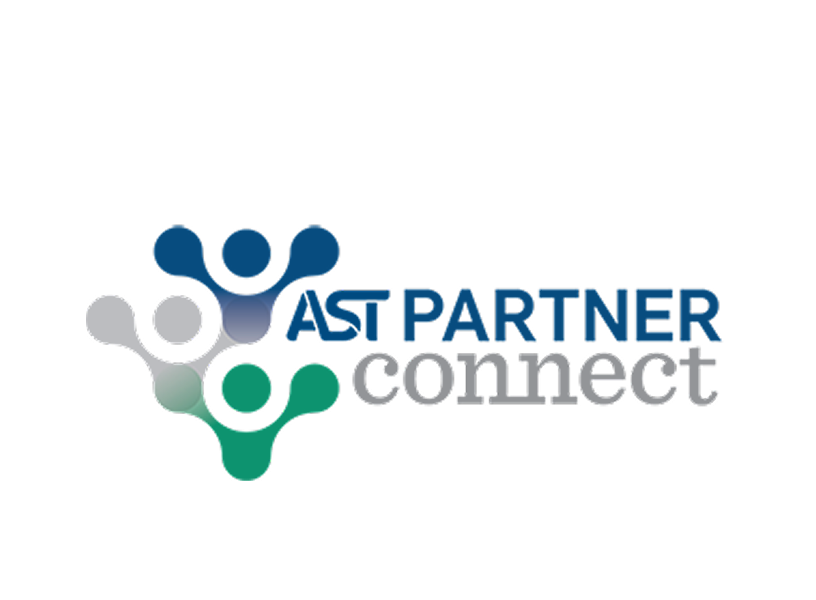 Logo with three abstract human figures in blue, gray, and green surrounding the text "AST Partner Connect."