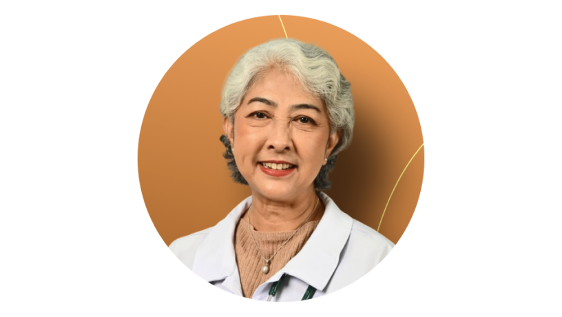 A female healthcare professional with short blonde hair wearing a white lab coat and a stethoscope, with an orange circular background.