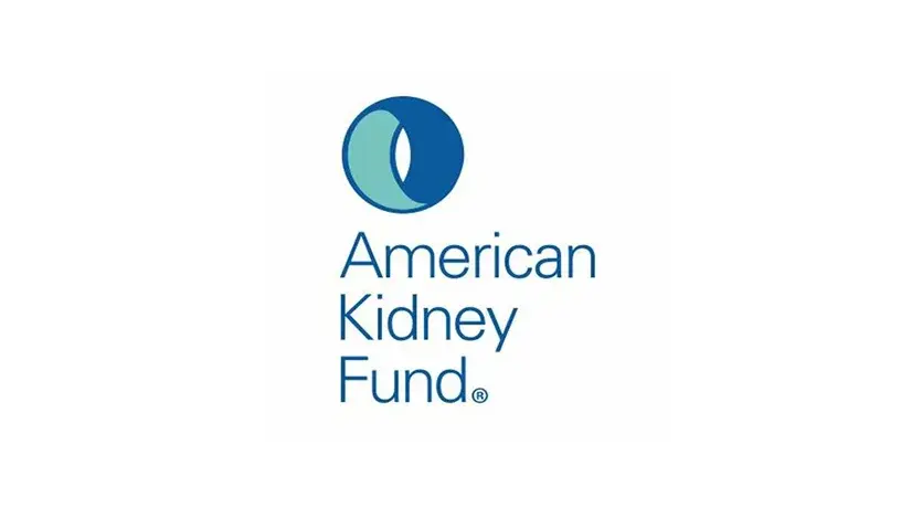 Logo of the American Kidney Fund. It shows a circular logo made of two blue crescents above the stacked words "American Kidney Fund" in blue text.