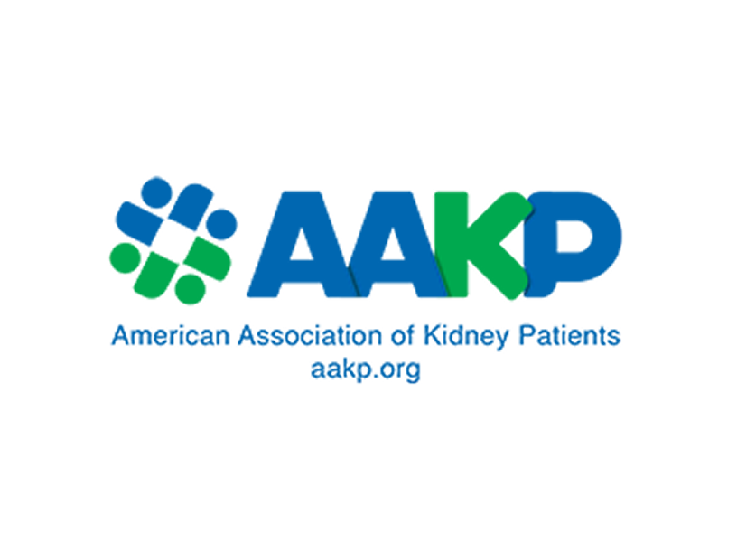 Logo of the American Association of Kidney Patients. It features a circular graphic of blue and green human figures next to the acronym AAKP, with the full organization name and website below.