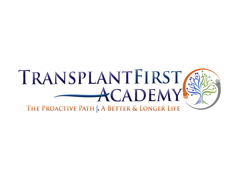 Logo for TransplantFirst Academy. The words "TransplantFirst Academy" are in blue text next to a circular icon showing a tree held by two hands, with an orange tagline below.