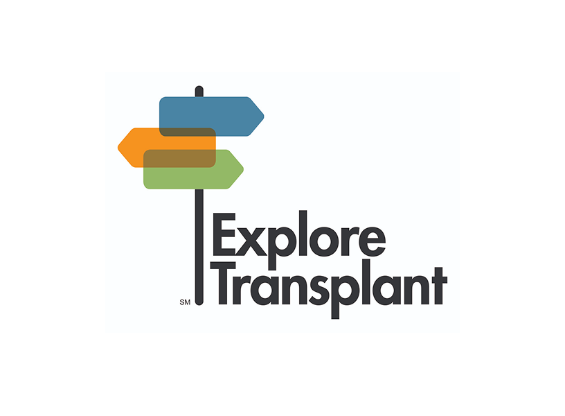 Logo for Explore Transplant. A signpost with blue, orange, and green arrows is next to the stacked words "Explore Transplant" in gray text.