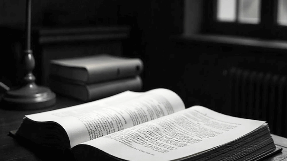 An open book with a window in the dark background.