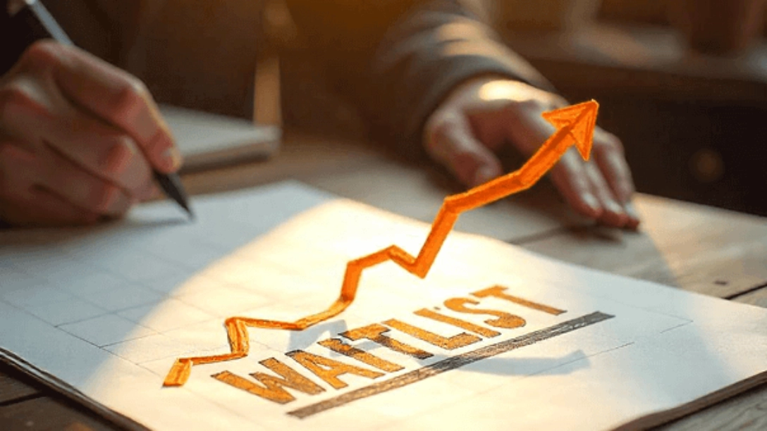 A person holding a pen, with the word “WAITLIST” in orange and a trending arrow above the text.