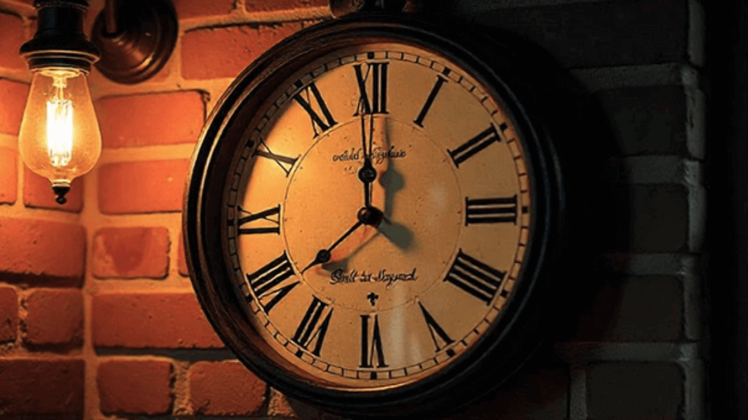 A wall clock set at 7 o’clock with a bulb beside it on a brick wall.