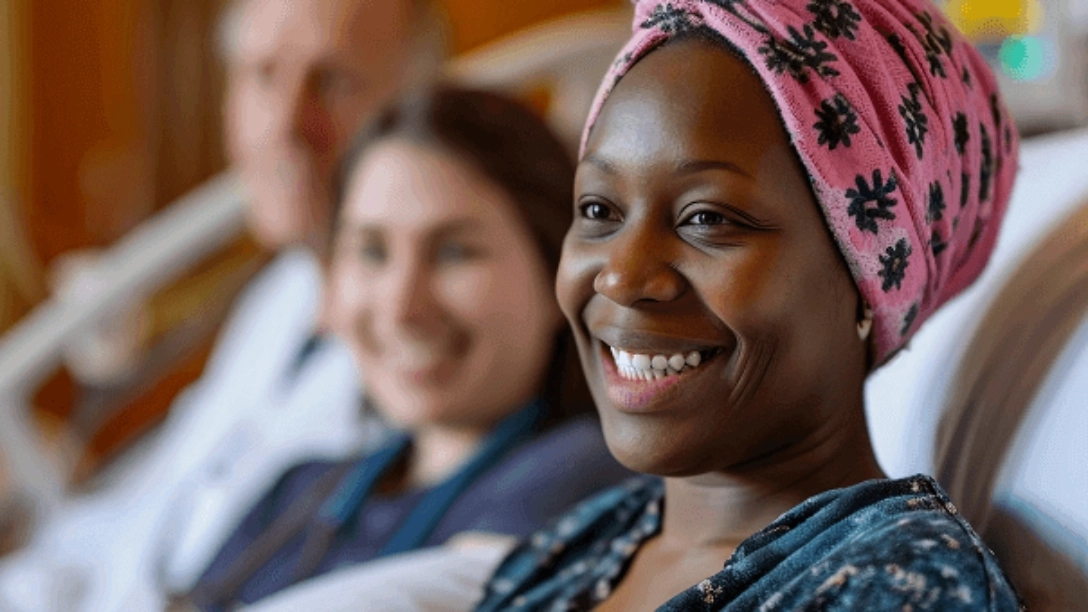 A smiling woman wearing a pink headscarf and a blue top with two blurred people in the background.