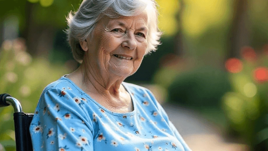 An older woman with short gray hair wearing a blue top with greenery in the background.