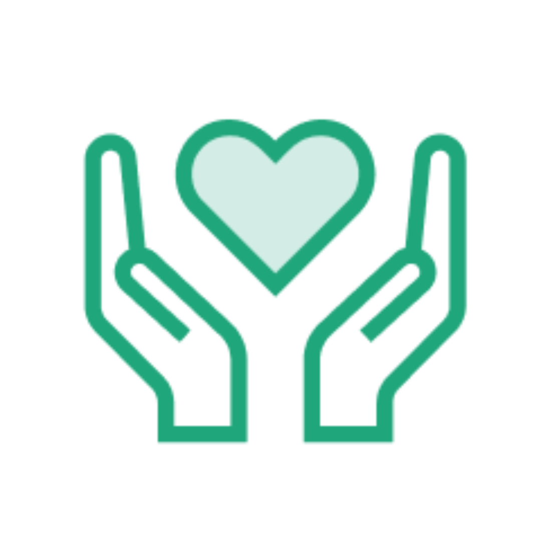 Icon of two open hands below a heart shape, outlined in green.