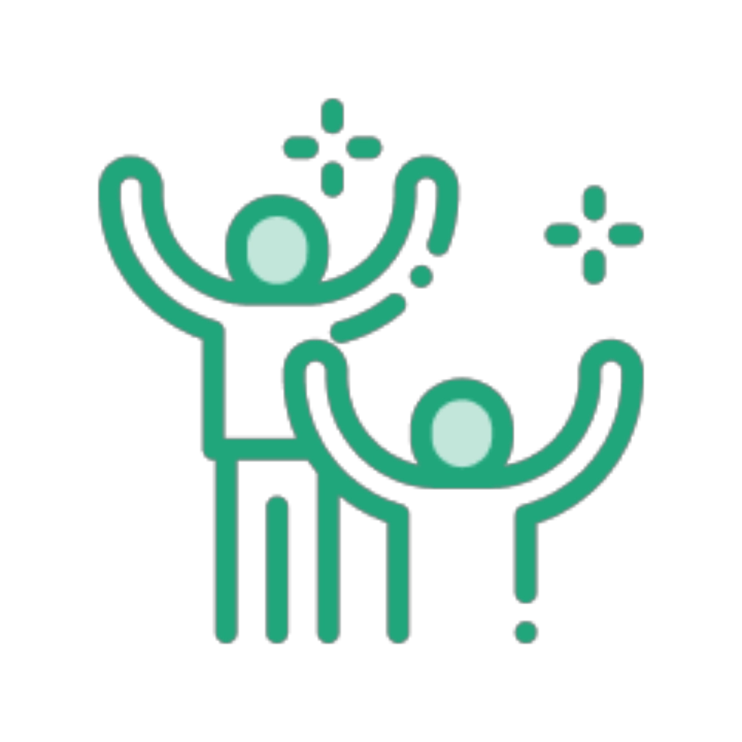 Icon of two human figures with raised arms and sparkles around them, outlined in green.