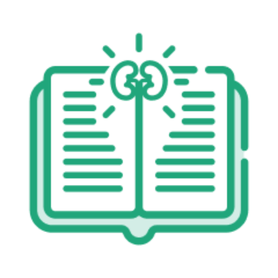 Icon of an open book with text lines and a kidney icon at the top center, outlined in green.