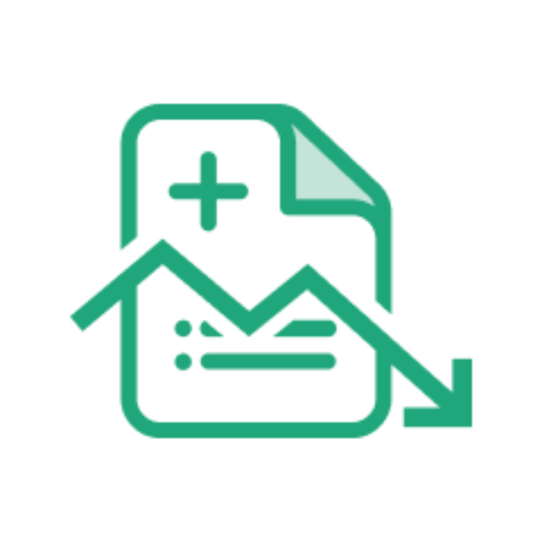 Icon of a document with a plus sign and a downward-trending arrow, outlined in green.