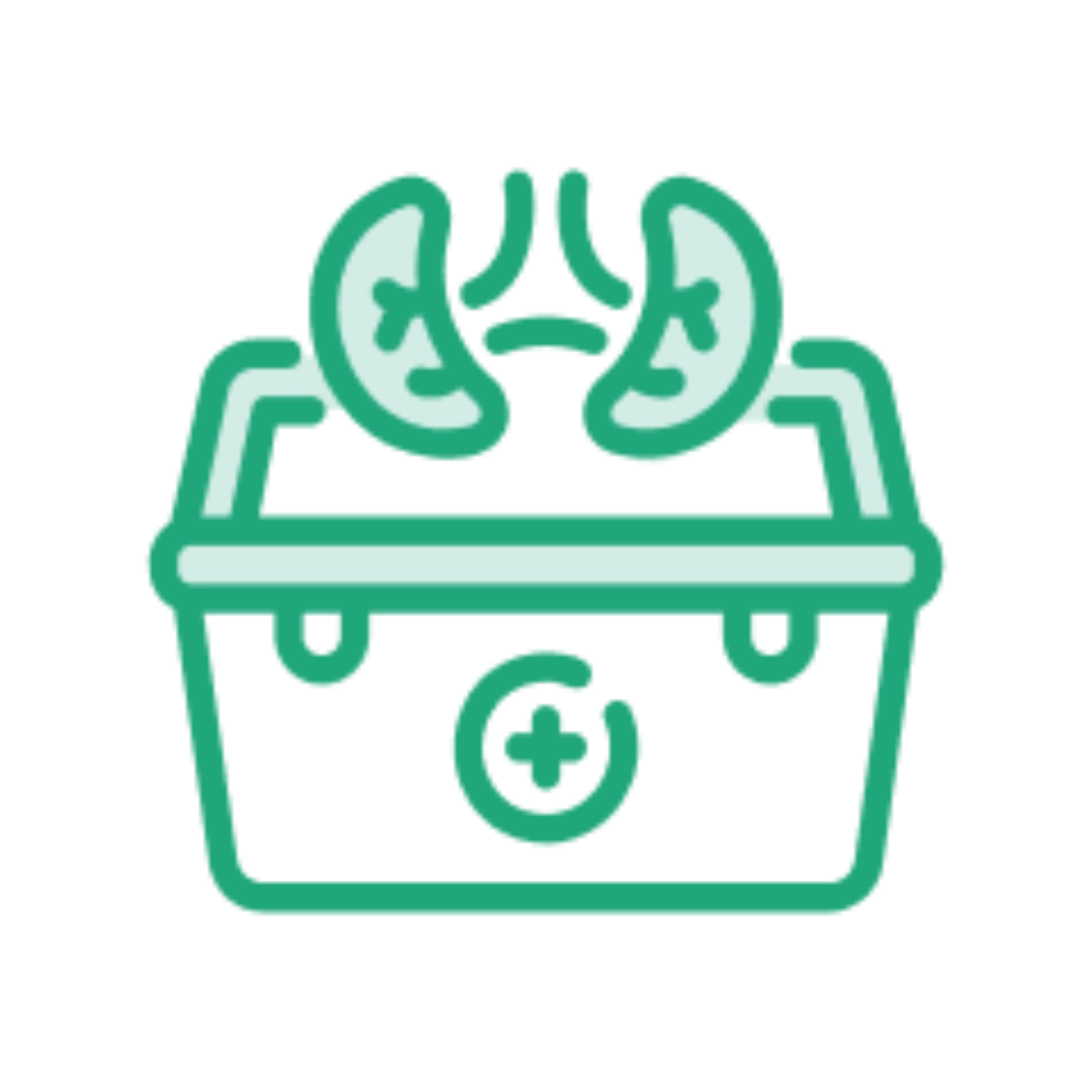 Icon of two kidneys above a medical box with a cross on the front, outlined in green.