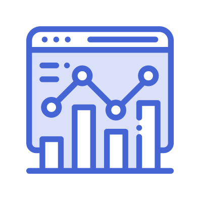 Icon of an analytics dashboard with bar and line graphs, outlined in blue.