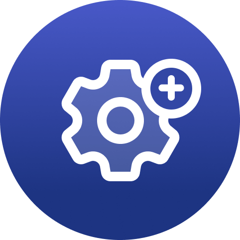 Icon of a white outlined gear with a small plus sign in the upper right, inside a blue circle.