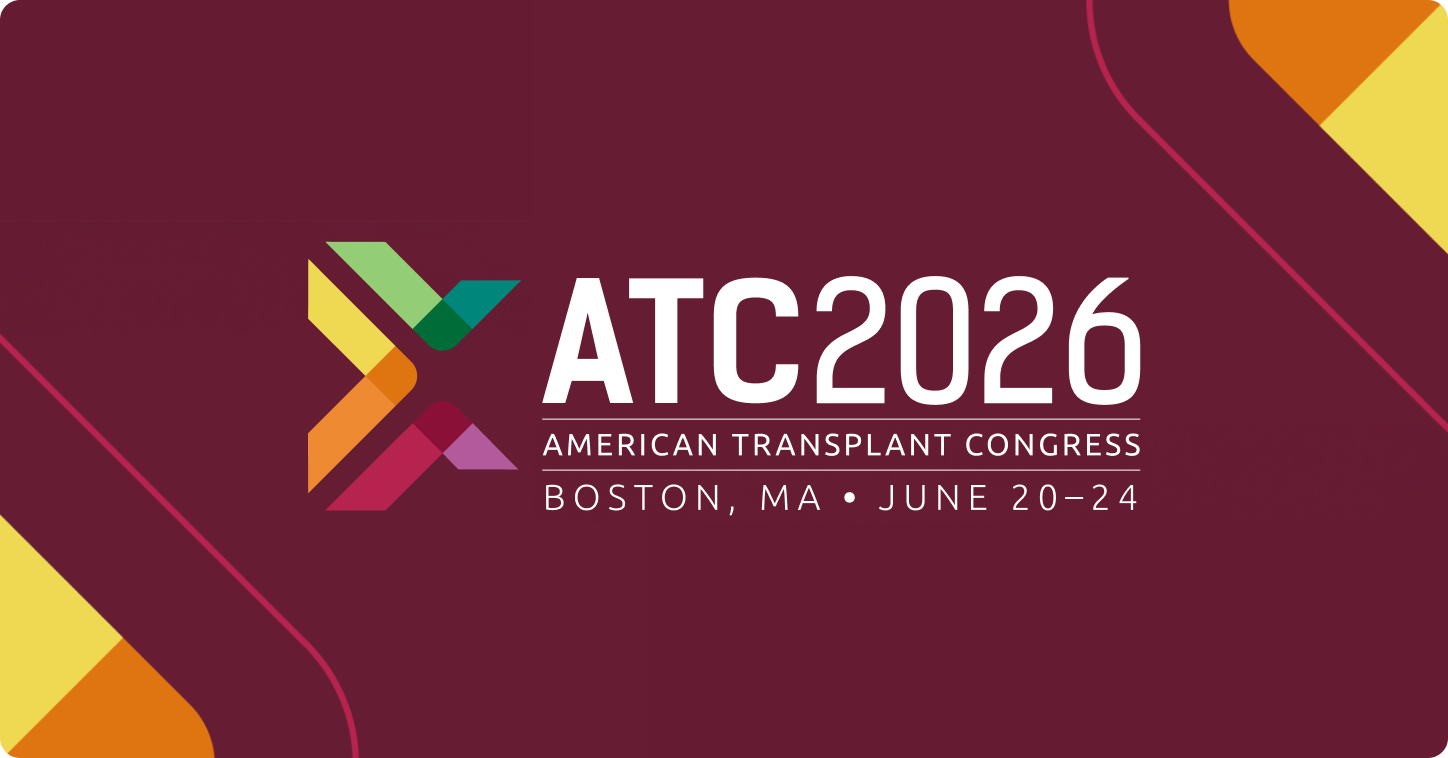  Banner for ATC2026, the American Transplant Congress in Boston, MA, June 20–24, with a multicolored abstract logo on a maroon background.
