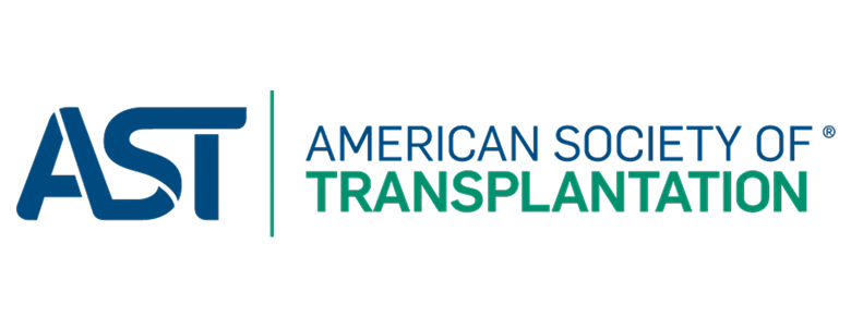 Logo for the American Society of Transplantation. The stylized acronym AST in blue is to the left of a vertical line, followed by the words "American Society of Transplantation" in blue and green text.