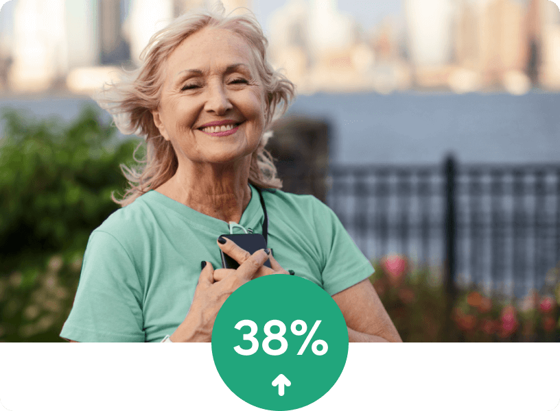 A smiling woman wearing a light green T-shirt, standing outdoors with greenery and a blurred city in the background, accompanied by a green circular icon showing “38%” with an upward arrow below it.