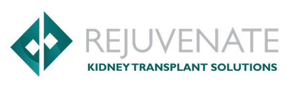 Logo for Rejuvenate Kidney Transplant Solutions. A teal and green geometric emblem is next to the word "REJUVENATE" in gray, with "Kidney Transplant Solutions" in teal text below.