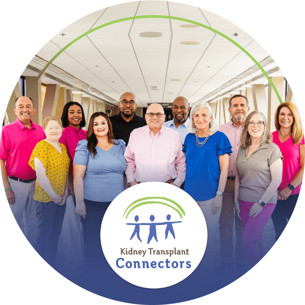 Group photo in a hallway, framed in a circle, with the "Kidney Transplant Connectors" logo at the center bottom, on a blue background.