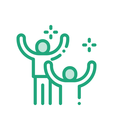 Icon of two human figures with raised arms and sparkles around them, outlined in green.