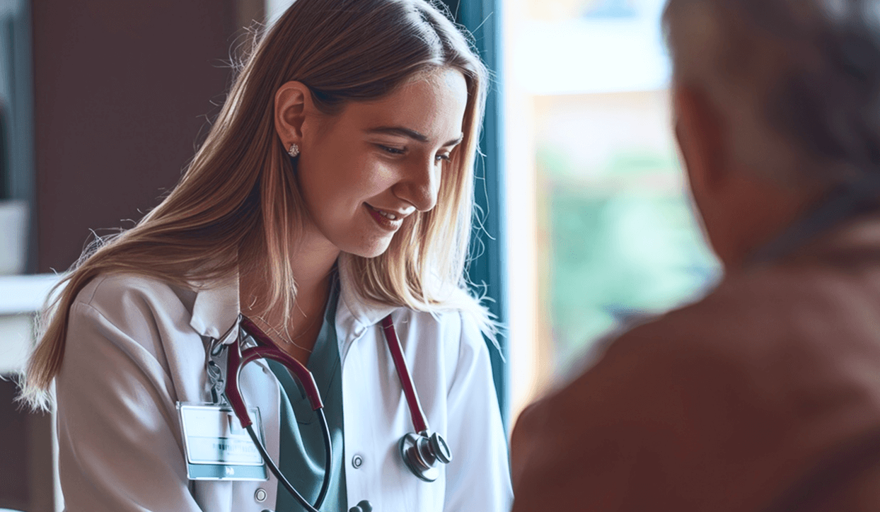 A healthcare professional wearing a white coat and stethoscope, and a name badge, seated indoors, engaged in conversation with another person in a clinical setting.