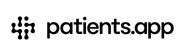 Logo for patients.app. A white-outlined network icon is to the left of the lowercase text "patients.app" on a black background.