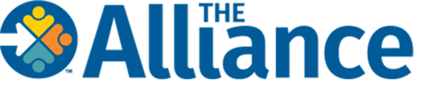 Logo for The Alliance. A blue circular icon with four colorful human figures inside is next to the word "Alliance" in blue text, with "THE" written in smaller text above it.