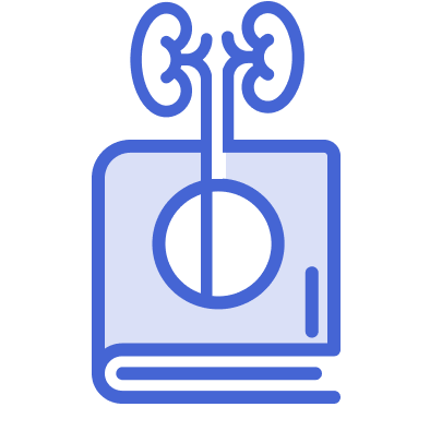 Icon of a book with a circle and two kidney-shaped figures connected by a line, outlined in blue.