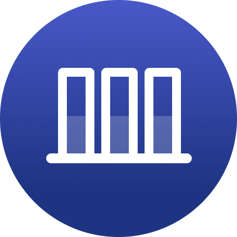 Icon of three white outlined vertical bars aligned on a baseline, inside a blue circle.