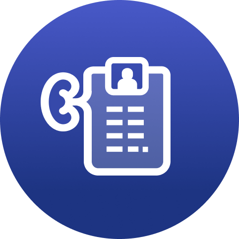 Icon of a white outlined clipboard with a kidney-shaped element attached to its left side, inside a blue circle.