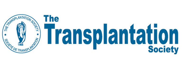 Logo of The Transplantation Society. A blue circular emblem with hands, the year 1966, and the society's name in English and French is next to the words "The Transplantation Society."