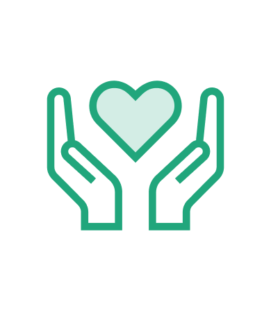 Icon of two open hands below a heart shape, outlined in green.