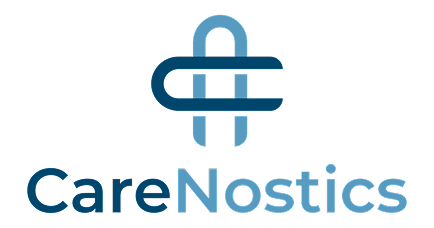 Logo showing an abstract blue medical symbol formed by overlapping curved lines above the word "CareNostics" in gradient blue text.