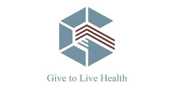 Logo for Give to Live Health. A geometric, blue-gray hexagonal emblem is above the words "Give to Live Health" in gray serif text.