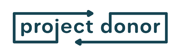 Logo for project donor. The words "project" and "donor" are in teal text, each inside a box with arrows pointing in opposite directions to suggest a cycle.
