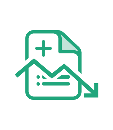 Icon of a document with a plus sign and a downward-trending arrow, outlined in green.