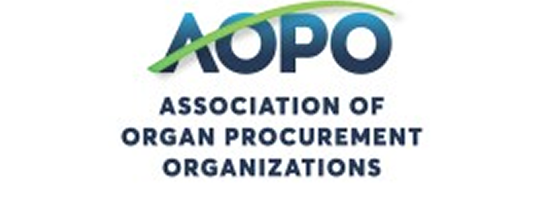 Logo for the Association of Organ Procurement Organizations. The acronym AOPO is in blue text with a green swoosh over it, above the stacked words "Association of Organ Procurement Organizations."