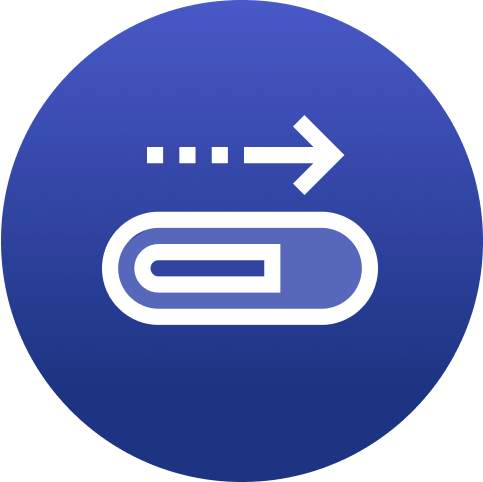 Icon of a white outlined capsule shape with a right-pointing dotted arrow above it, inside a blue circle.