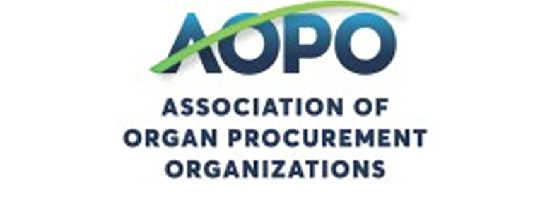 Logo for the Association of Organ Procurement Organizations. The acronym AOPO is in blue text with a green swoosh over it, above the stacked words "Association of Organ Procurement Organizations."