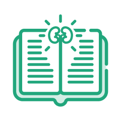Icon of an open book with text lines and a kidney icon at the top center, outlined in green.