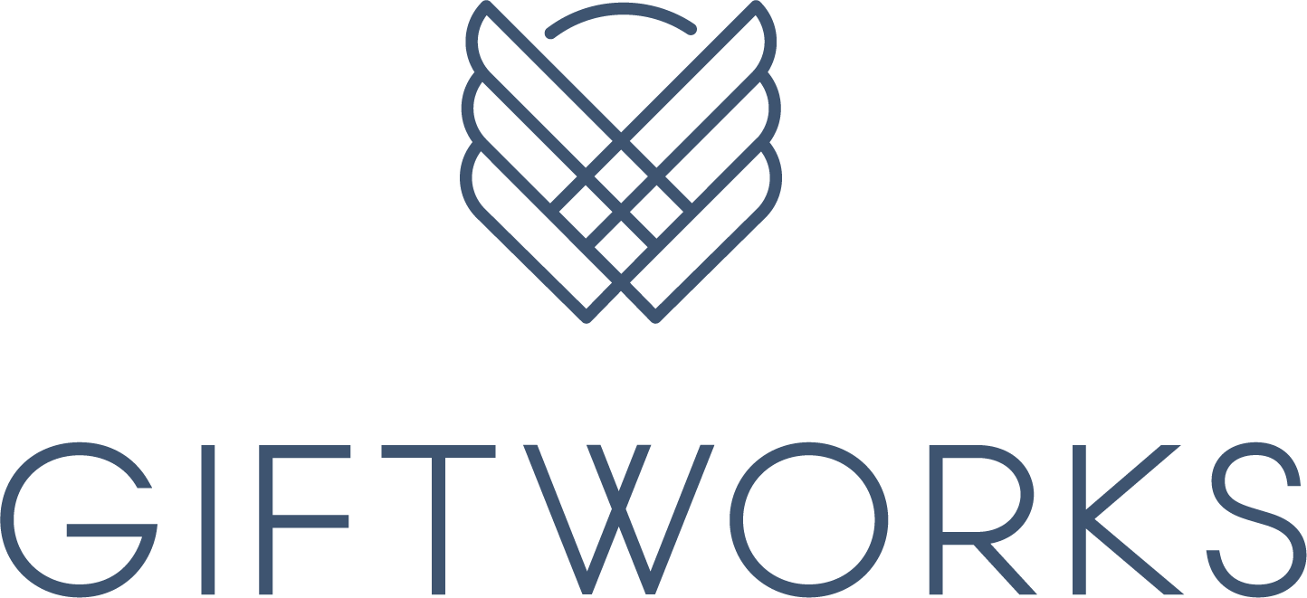 Logo for GIFTWORKS featuring an abstract dark blue-grey graphic resembling interlocking wings or a folded ribbon above the word 'GIFTWORKS' in a clean, sans-serif font.