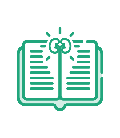 Icon of an open book with text lines and a kidney icon at the top center, outlined in green.